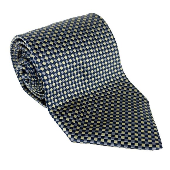 VALENTINO 100% Silk Made in Italy Checked Geometric Gold Gray & Black Tie 54" - Picture 1 of 5